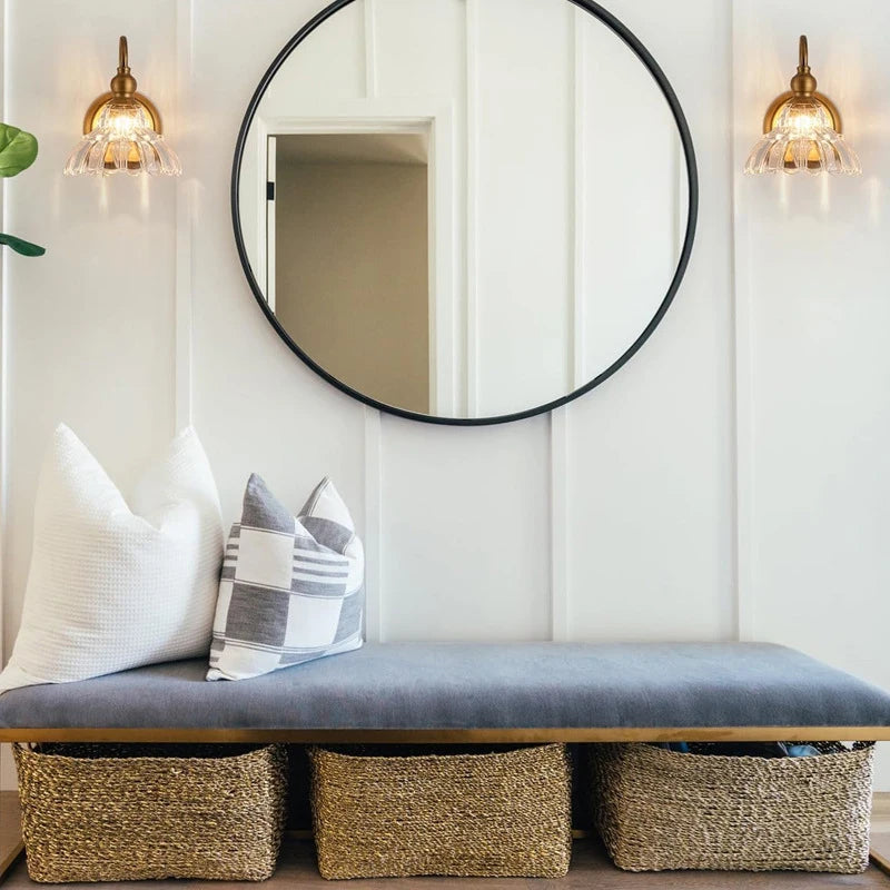 gold crystal bathroom wall sconce, installed in a room interior setting