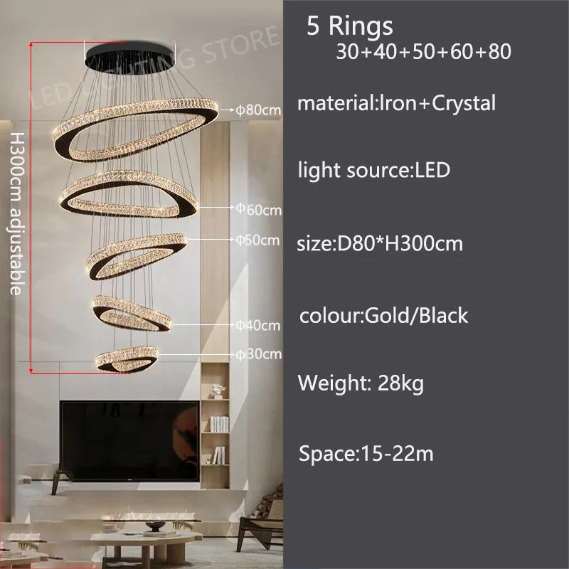 Three ring crystal chandelier, 31.5 in across, in a gold finish