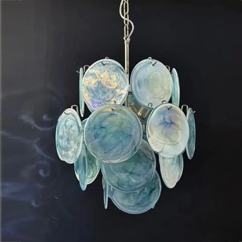 Glass disc chandelier, 23.6 inch round, in silver with pink glass