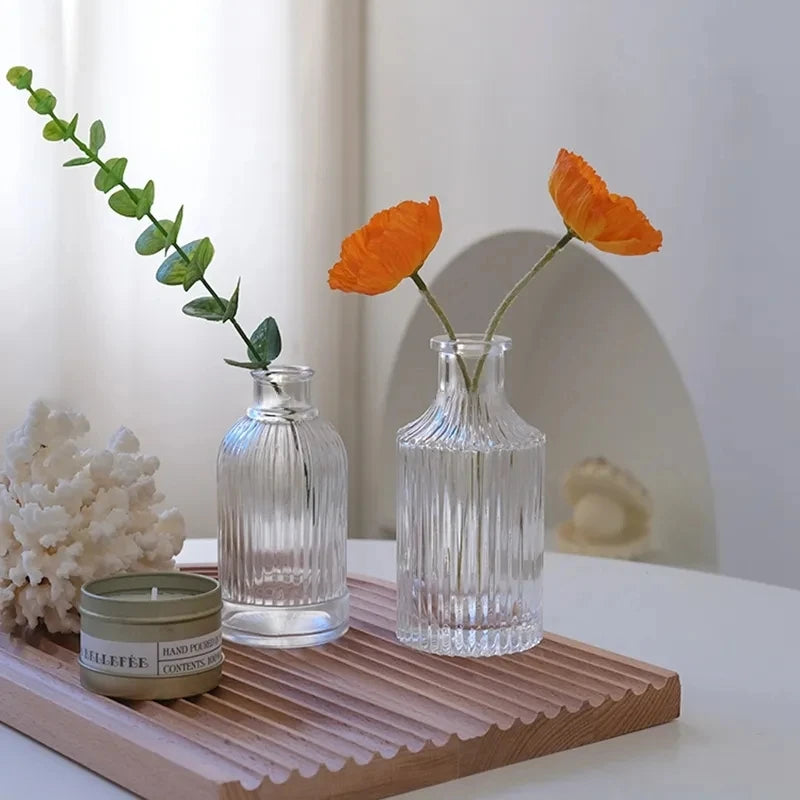 Four Nordic transparent glass bottle vases in sizes S, M, L, and XL together