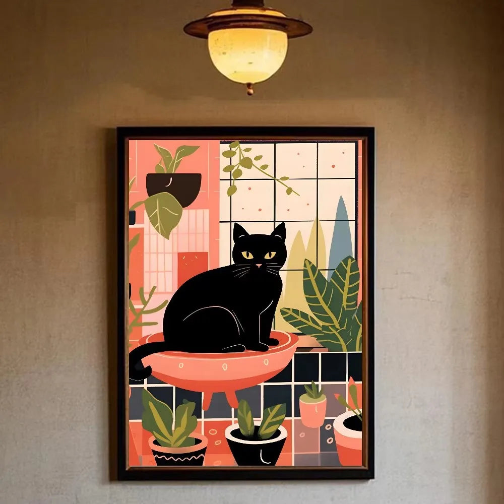 Funny Black Cat Toilet Newspaper Bathroom Canvas Art