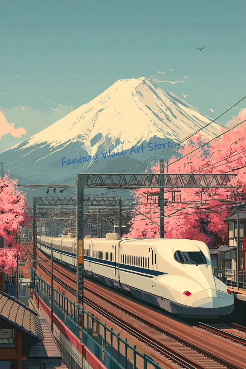 Vintage Japanese Railway Landscape Canvas Wall Art