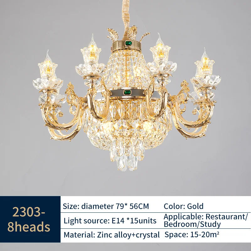 Crystal chandelier detail showing faceted drops hung along each tiered arm
