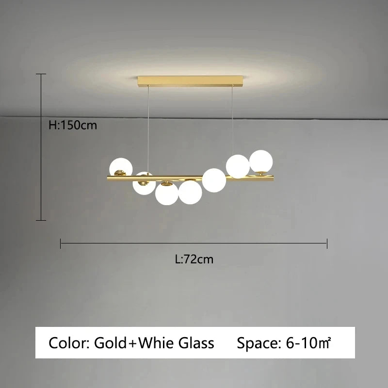 Type A glass bubble chandelier with seven shades on slim painted iron stems