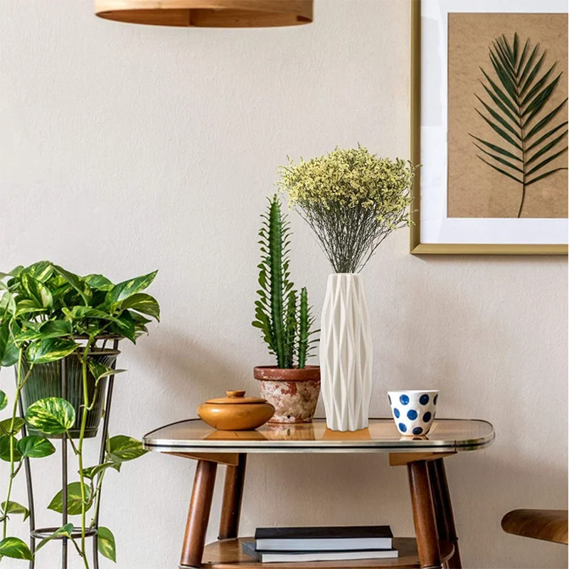 Light pink Nordic boho basket vase styled with dried pampas grass stems
