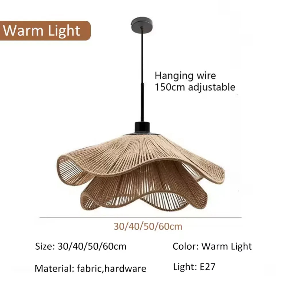 Hemp rope chandelier lighting a 3 to 5 square metre area with warm light