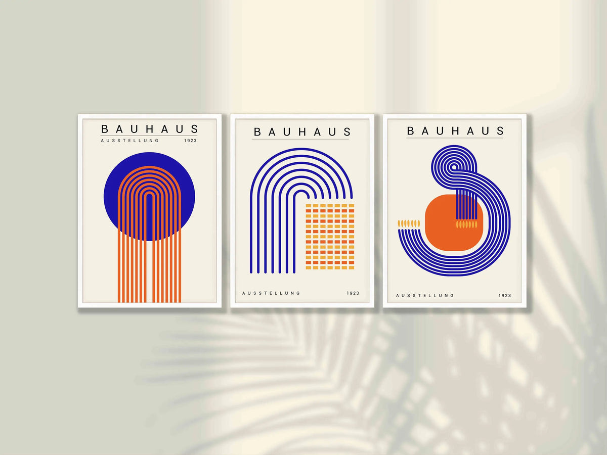 Orange Blue Bauhaus Abstract 3-Piece Canvas Wall Set