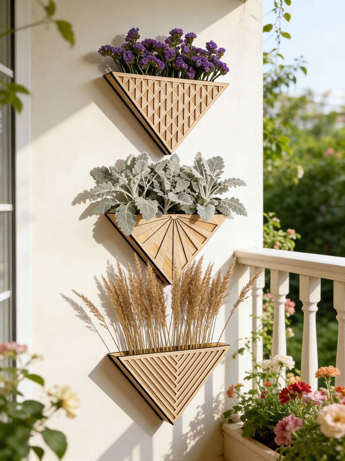 Wooden triangle geometric wall planter with small succulent in living room