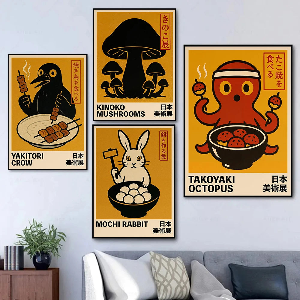 Japanese Anime Takoyaki Matcha Cat Canvas Wall Art