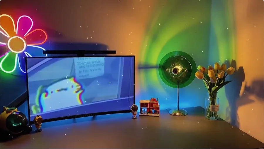 Colourful style projection lamp multi-hue display on white wall surface