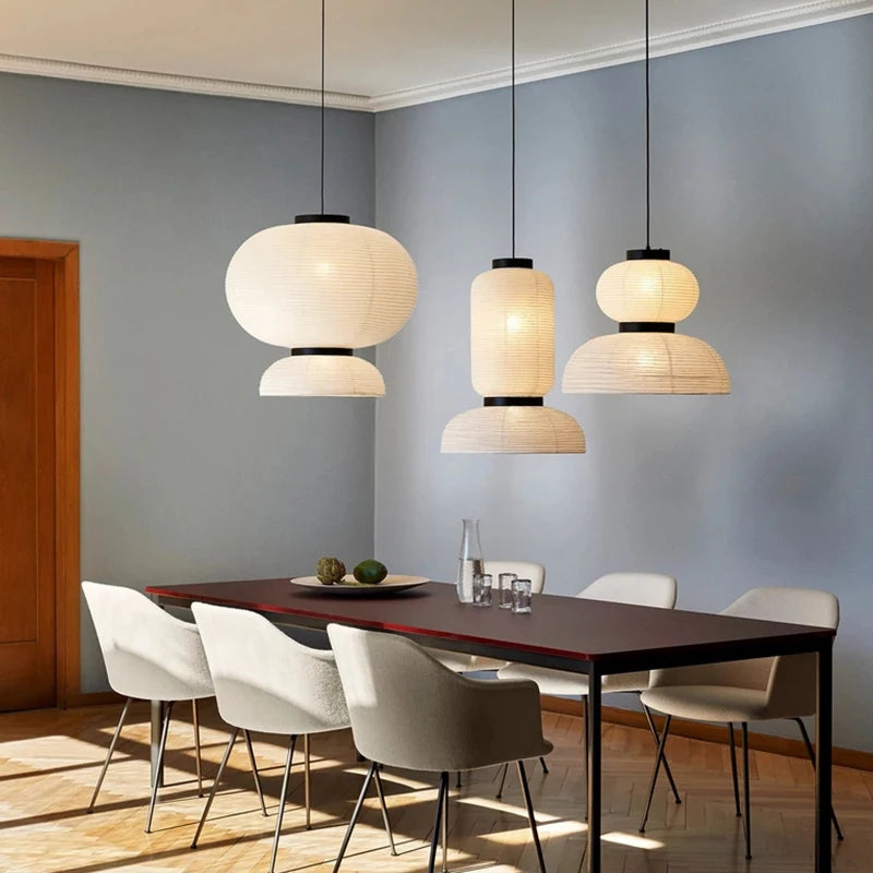 Japandi style paper chandelier measuring 17.7 in across with chrome fittings