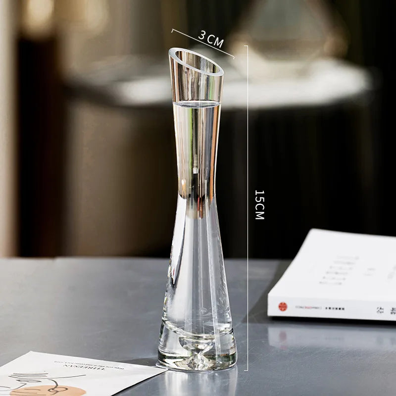 Close-up of slanted mouth opening on European style transparent glass vase
