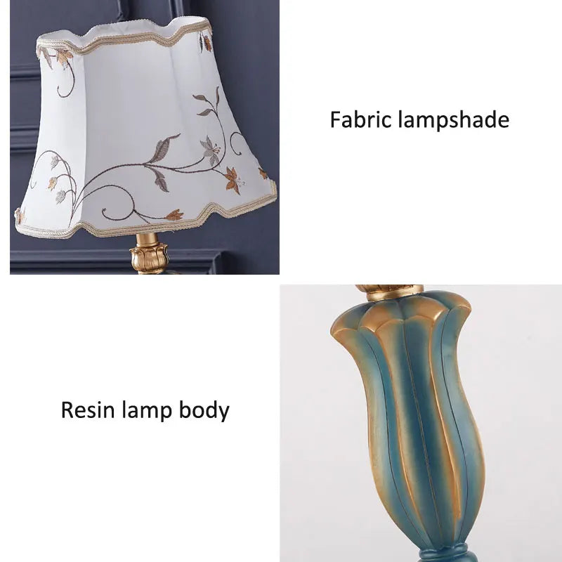 Fabric country table lamp US plug variant on study desk warm light