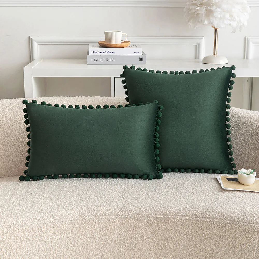 Velvet Pom-Pom Throw Pillow Cover