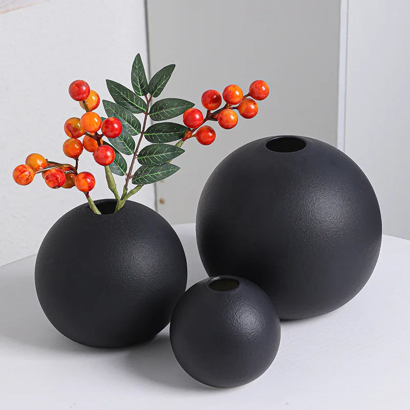 White ball ceramic vase medium size styled with dried eucalyptus stems