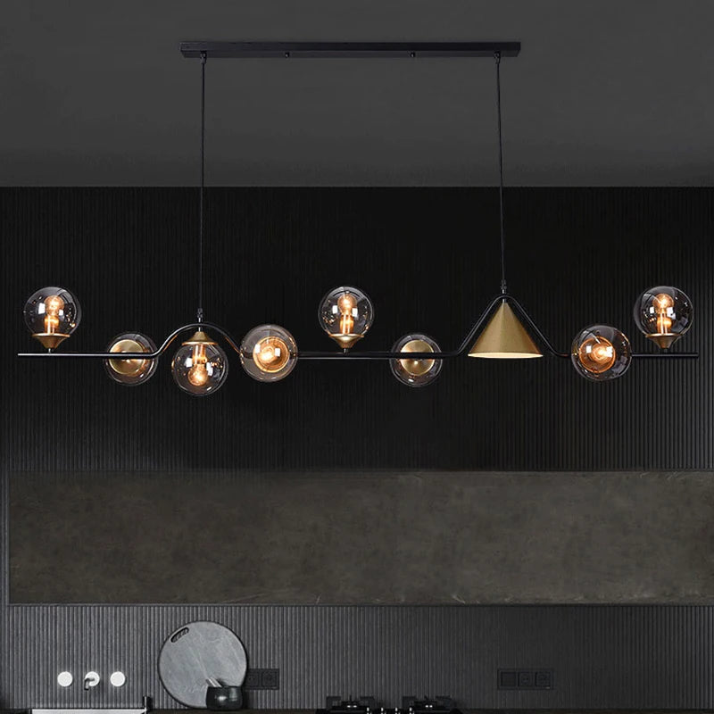 Amber glass linear chandelier at 61 in length with nine heads