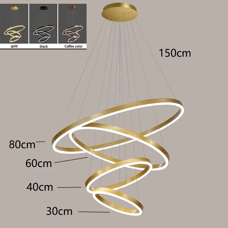 Stacked acrylic rings on a tapering iron staircase chandelier frame