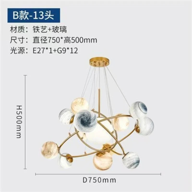 Neutral light planet globe chandelier with six G9 LED light sources