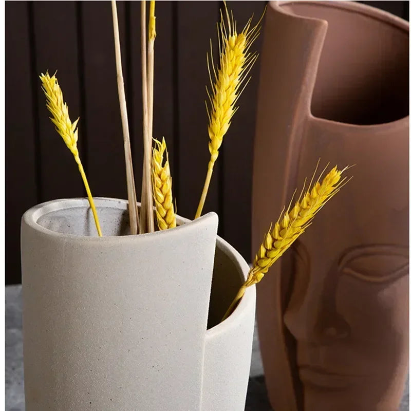 Ceramic human face sculpture vase handmade art flower arrangement