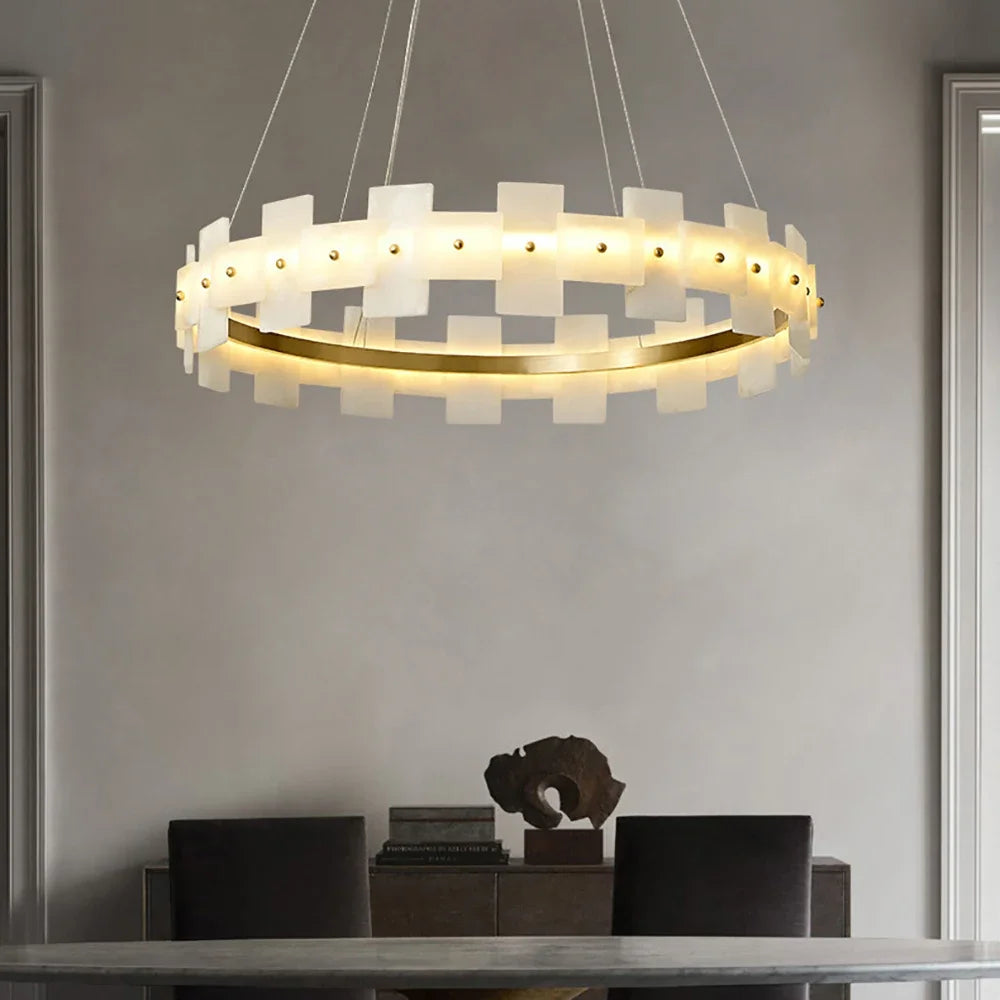 Marble and copper chandelier with natural marble on a plated frame