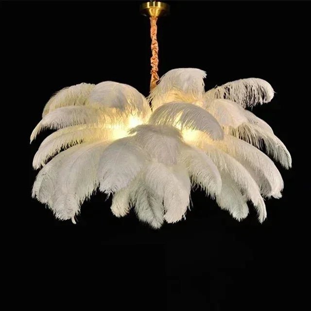 White plume chandelier on a plated iron frame with soft shadowless light