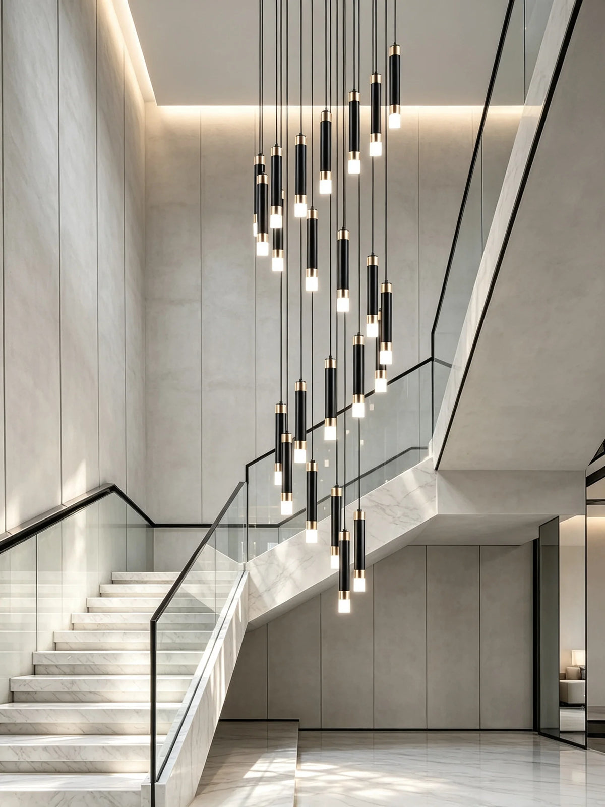 Nordic rod chandelier with warm 2700 to 3000K light on a plated frame