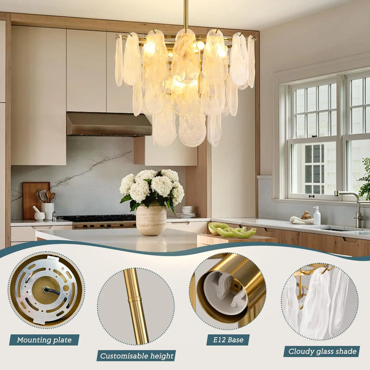 Polished aluminium lantern frame with crystal and glass shades in gold