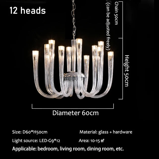 Glass chandelier at 35.4 in diameter with dense curved glass heads