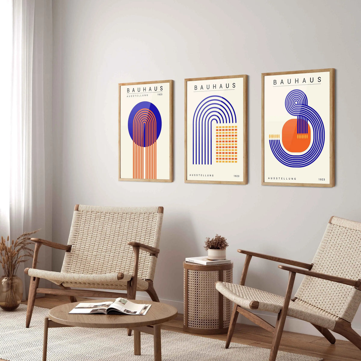 Orange Blue Bauhaus Abstract 3-Piece Canvas Wall Set