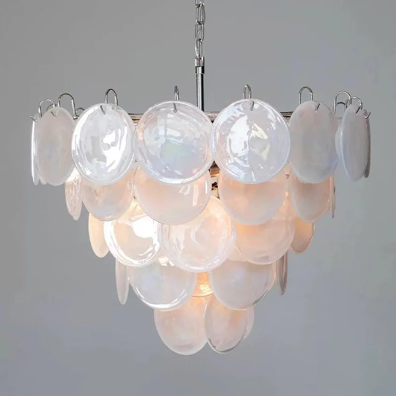 Murano glass disc chandelier with coloured discs on a polished frame