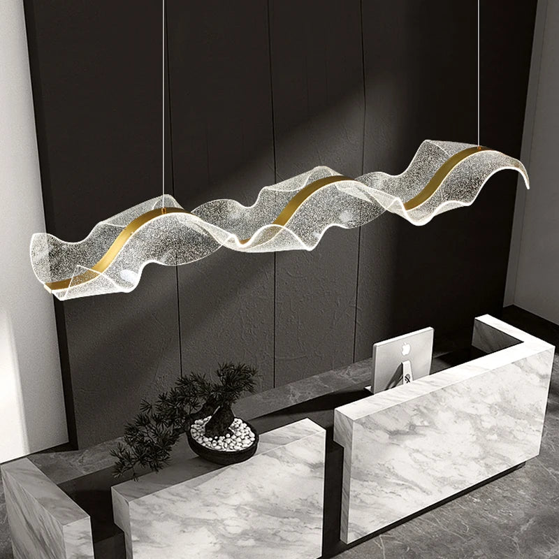 Gold wave chandelier, 78.7 in long, for a long dining table