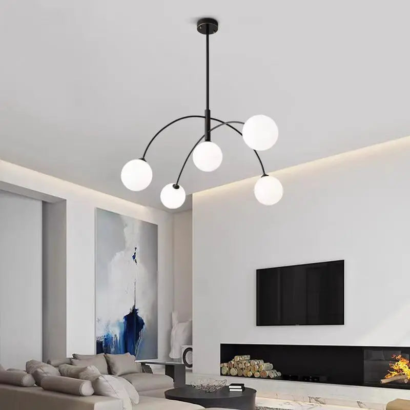 Red iron arc chandelier with frosted glass spheres, 90 to 260V