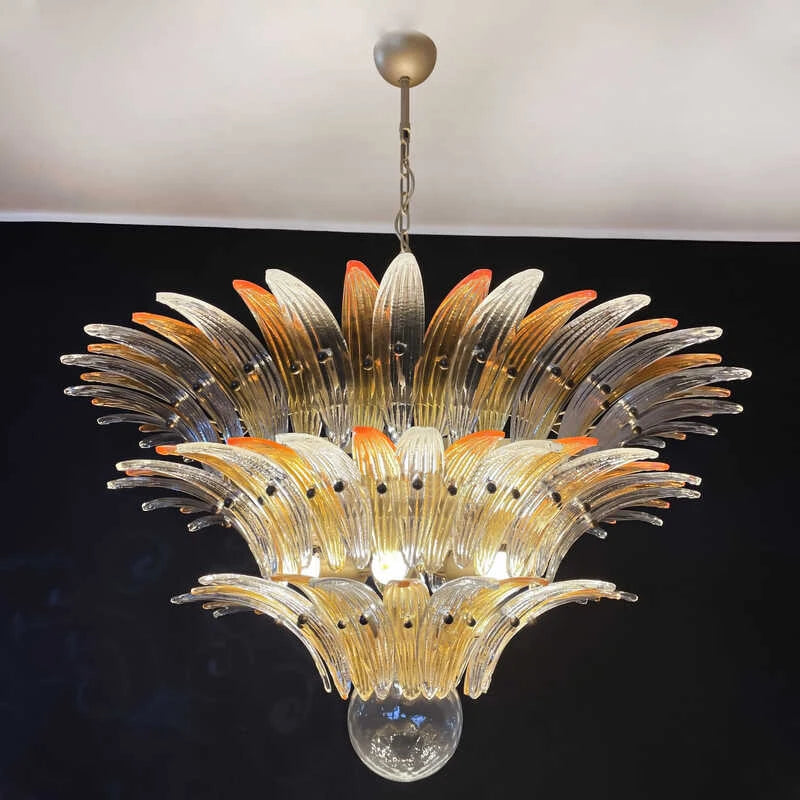 French vintage glass chandelier with tinted glass shades on metal arms