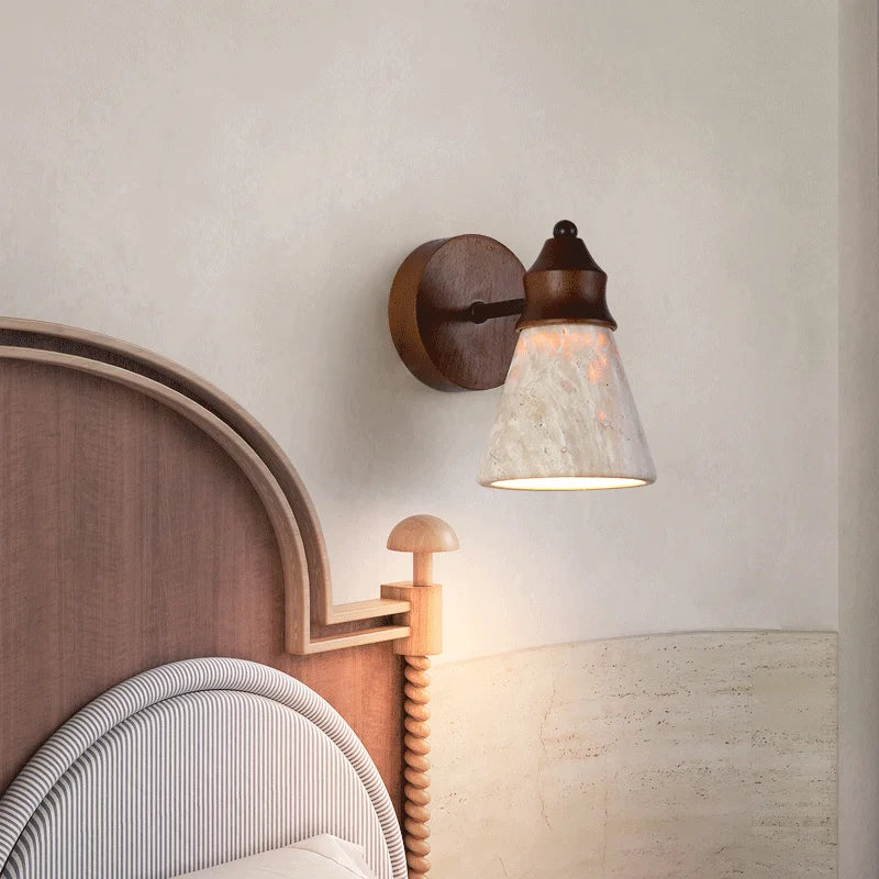 travertine stone wall sconce, side profile showing mounting depth