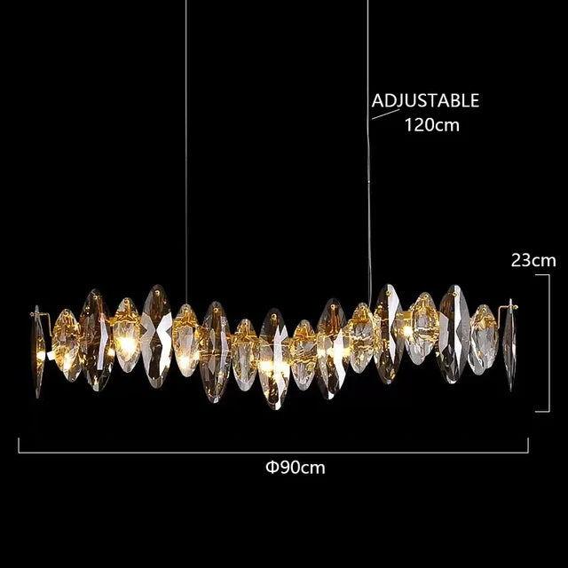 Linear crystal chandelier at 51.2 in length for a kitchen island