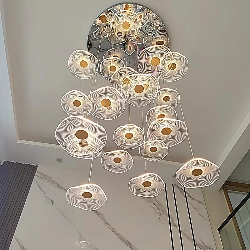 Gold ironware cascade chandelier with staggered acrylic light rods