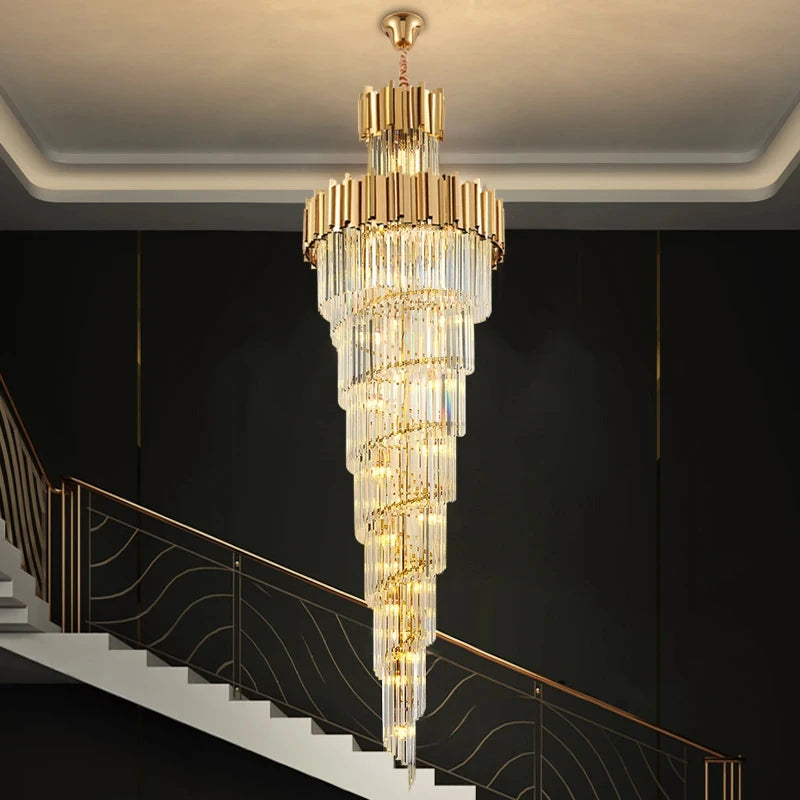 Brushed stainless steel canopy carrying long crystal chandelier strands