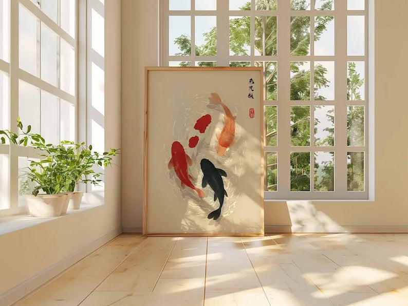 Japanese koi fish minimalist canvas wall art — hung on living room wall