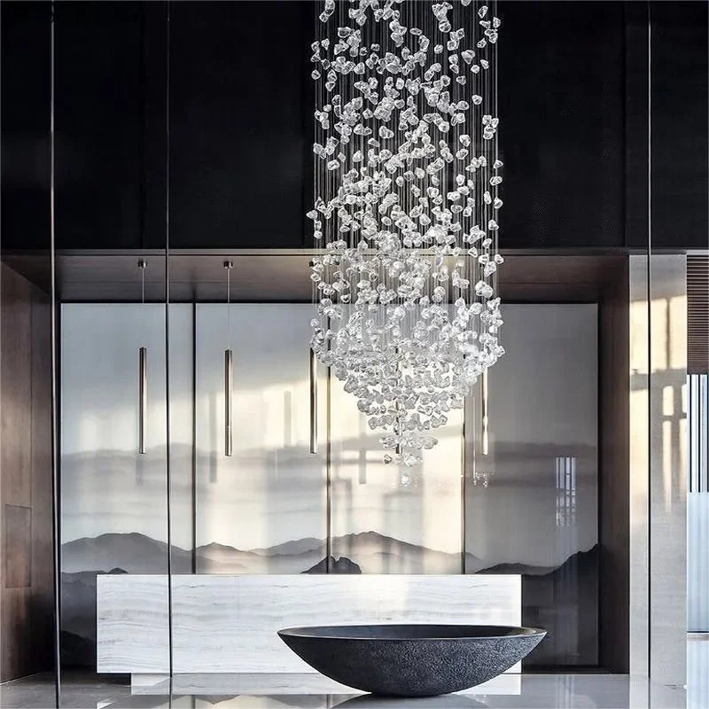 Clear crystal stone chandelier at 15.7 in across with a 59.1 in drop