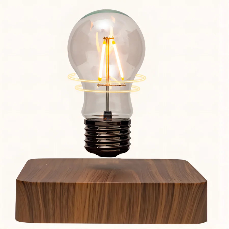 Levitating LED glass bulb close-up showing spinning motion mid-air