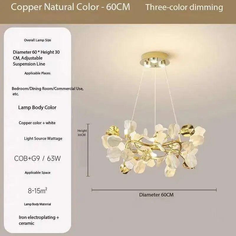 Glass leaf chandelier at 31.5 in across in cold white light, 90 to 260V
