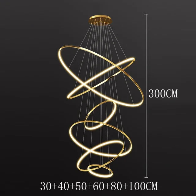 Seven ring staircase chandelier in a black forged aluminum finish