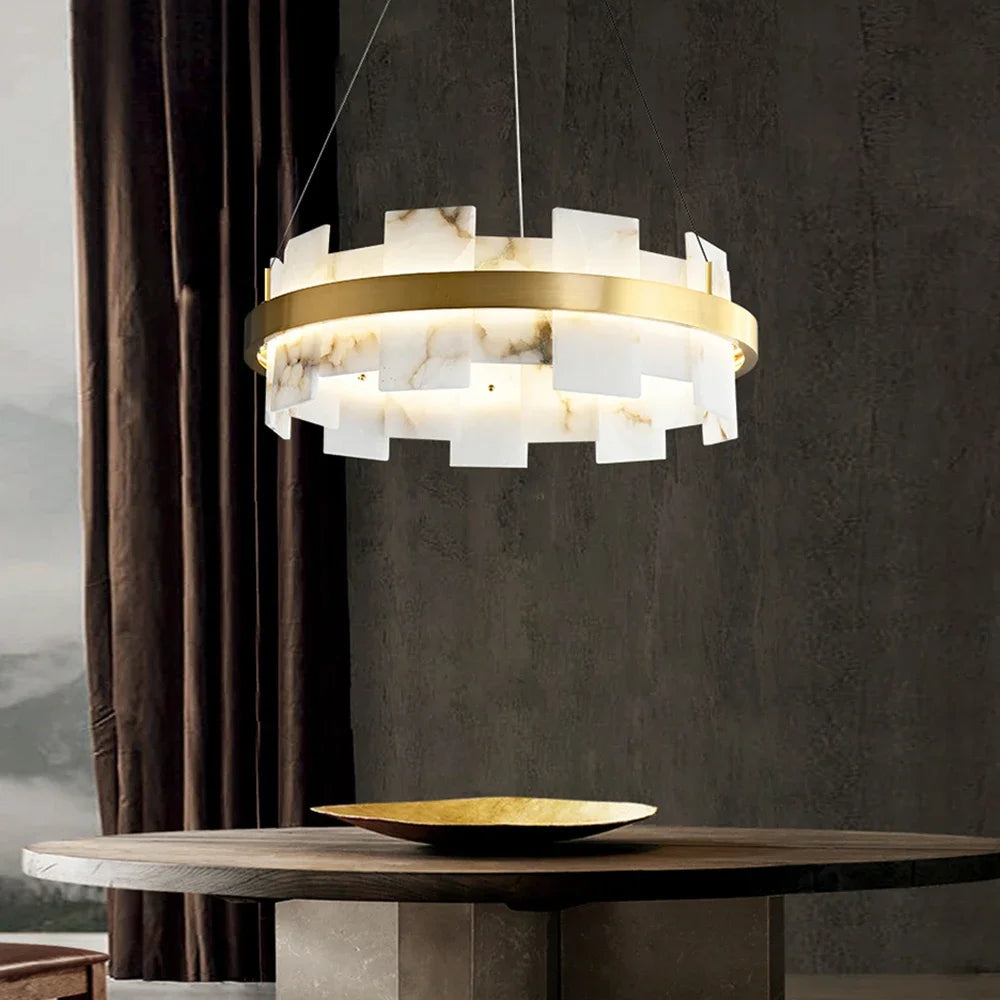 Natural marble and copper chandelier with warm white light output
