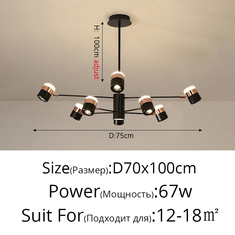 Rotatable spotlight chandelier at 27.6 in width with seven heads