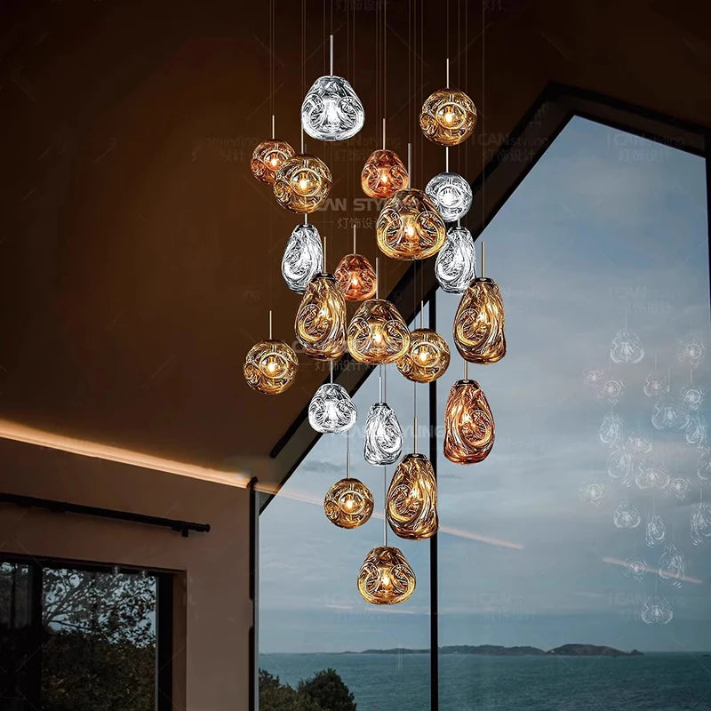 Round chassis chandelier with twenty glass heads, 31.5 in across