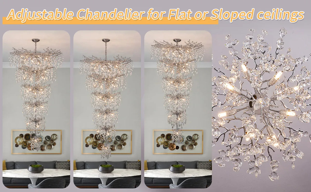 Crystal detail on a polished aluminum stairway chandelier frame