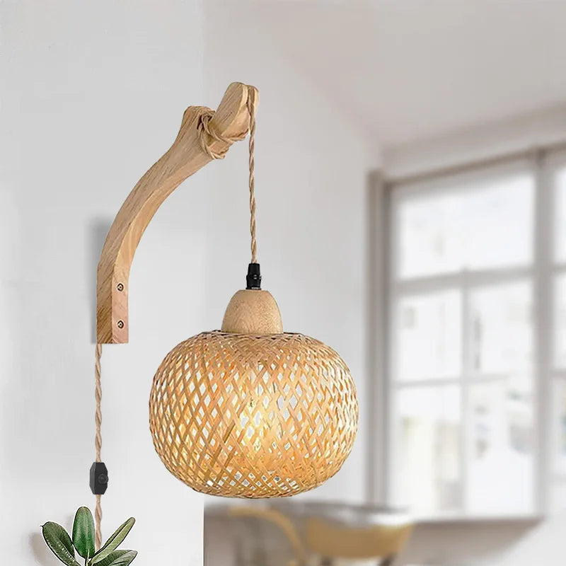 rattan wall sconce, side profile showing mounting depth