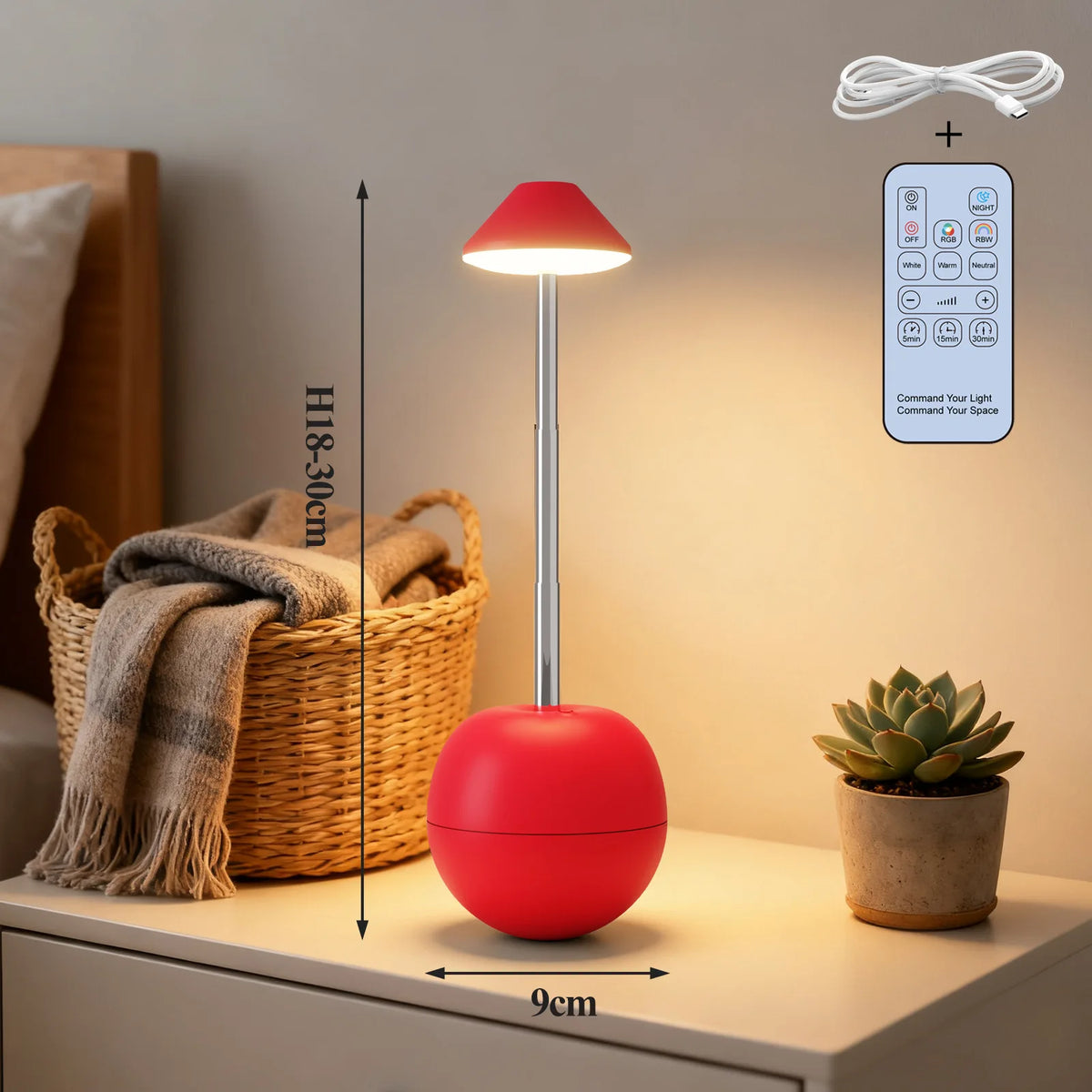 Creative bedside lamp pink mode warm glow on nightstand close-up