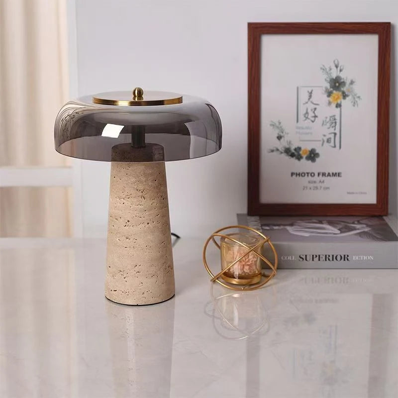 Stone mushroom lamp Travertine 1 variant warm light bedside
