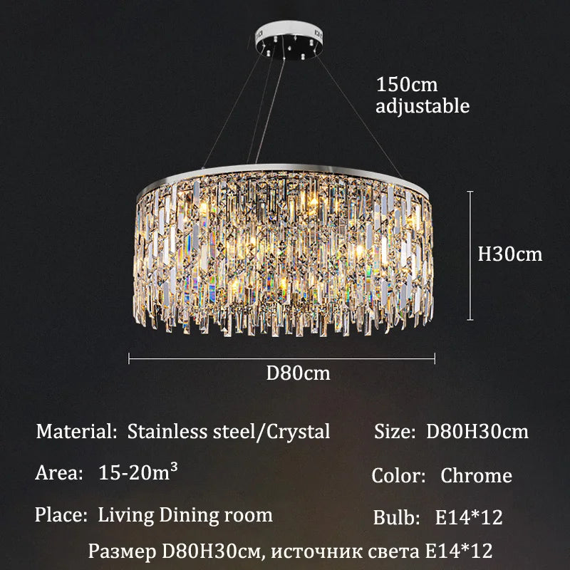 Crystal chandelier, 31.5 inch round, on a polished steel flush mount frame